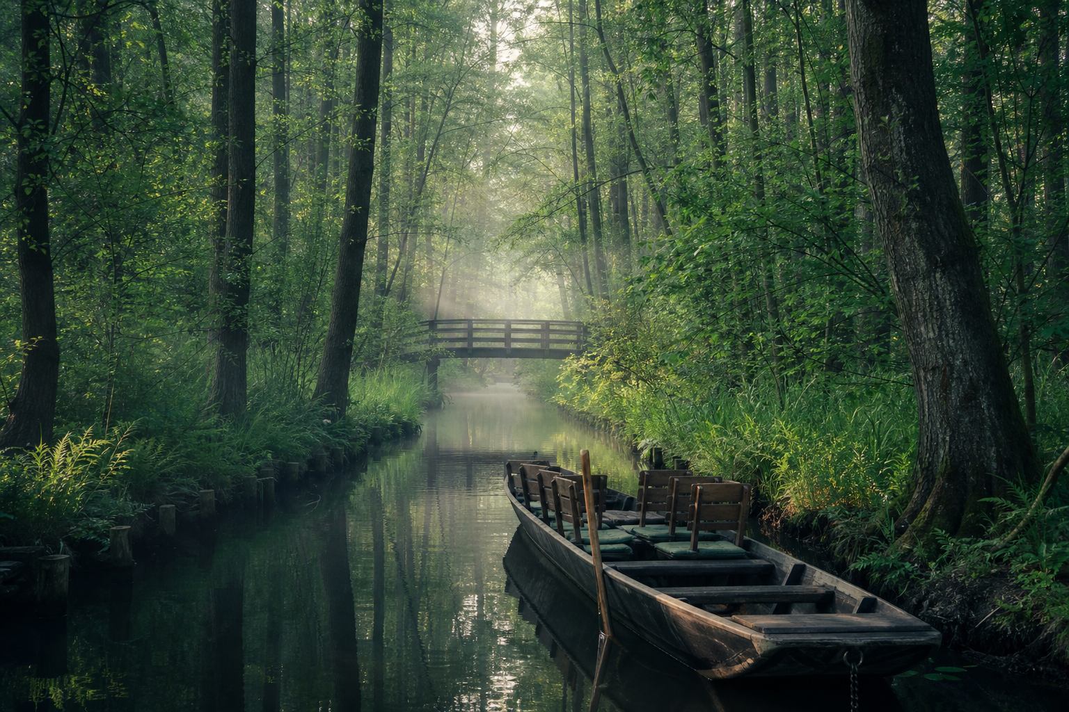 Schmaler Spreewaldkanal mit Kahn, Erlen und Morgennebel