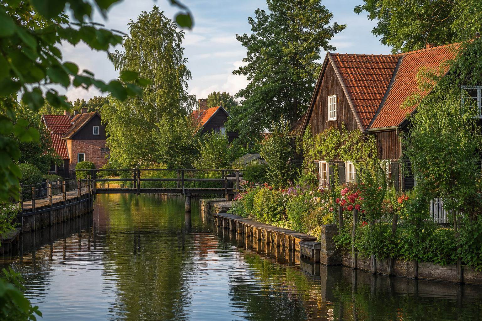 Holzhäuser und Gärten an einem Spreewald-Fließ