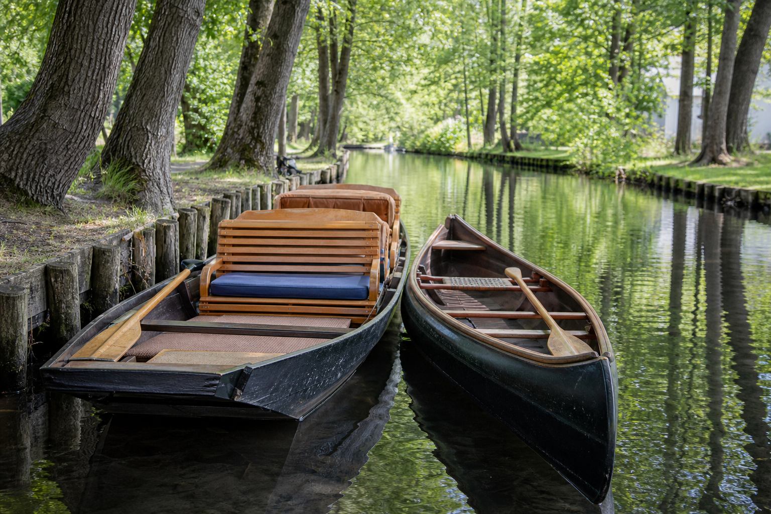 Kahn und Kanus auf einem Spreewald-Fließ